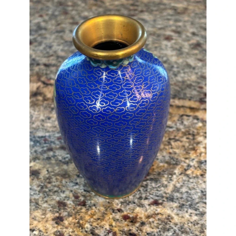 Vintage Chinese Cloisonne Miniature Enameled Vases Cobalt Blue Floral Pair 4.5